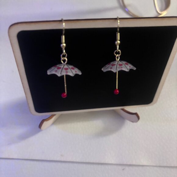 Handmade Unique One of a Kind Umbrella Red Heart Earrings - Picture 5 of 6